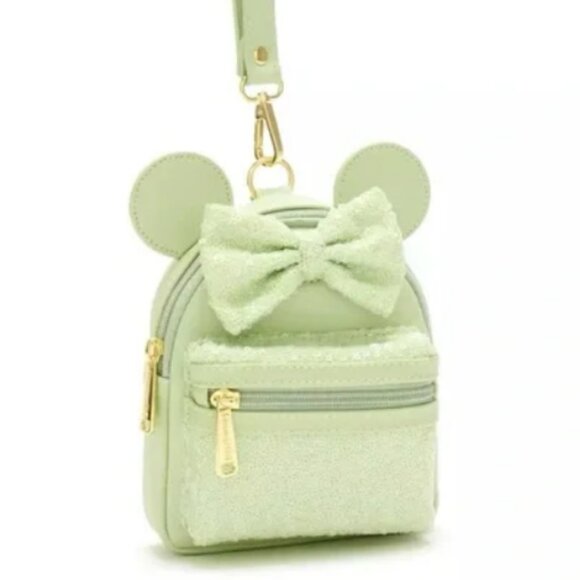 Loungefly Disney Parks Convertible Belt Bag Wristlet in Mint Green Sequins NEW - Picture 1 of 15